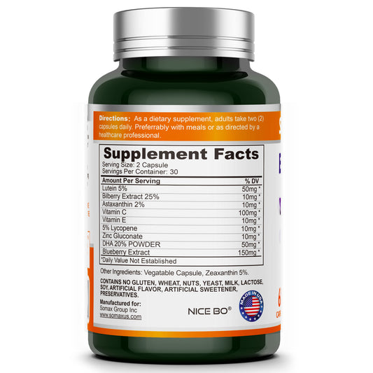Somax Eye Protection Lutein 470mg bottle with 60 capsules, featuring Lutein, Blueberry Extract, and Vitamin C for eye health, vision support, and blue light protection, gluten-free and non-GMO.