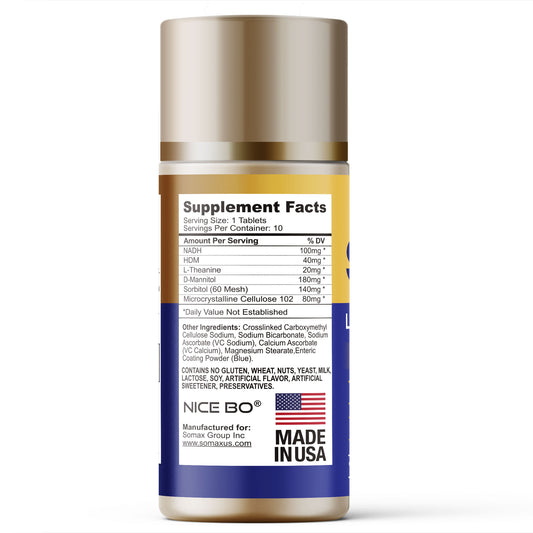 Somax Sober Up Liver Detox Enzyme 660mg bottle with 10 tablets, featuring NAD+ HDM, L-Theanine, and D-Mannitol for hangover relief and liver support, gluten-free and no artificial flavors.