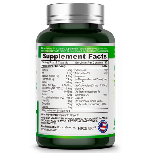 Somax Overall Nutrient Comprehensive Support 680mg bottle with 60 capsules, featuring Vitamins A, C, D, E, Iron, and Selenium for daily health, gluten-free and non-GMO.