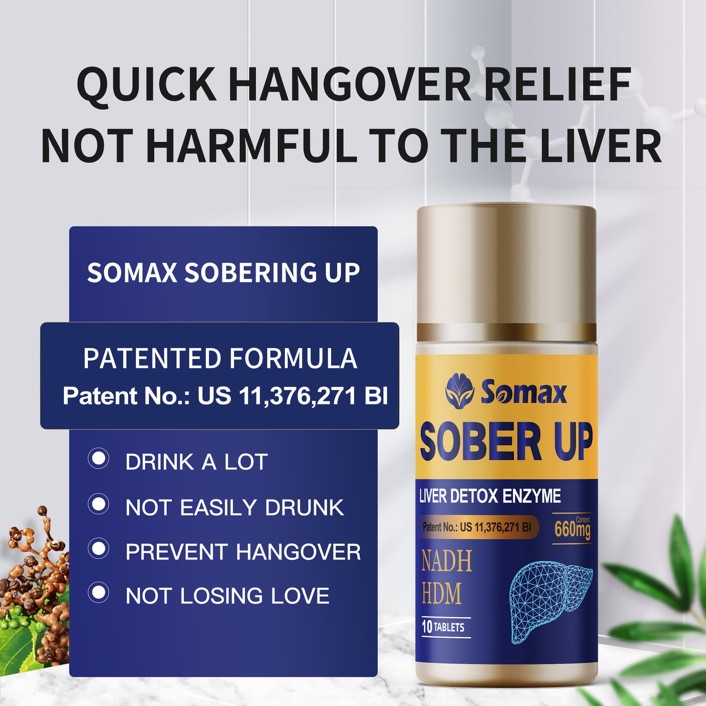 Somax Sober Up Liver Detox Enzyme 660mg bottle with 10 tablets, featuring NAD+ HDM, L-Theanine, and D-Mannitol for hangover relief and liver support, gluten-free and no artificial flavors.