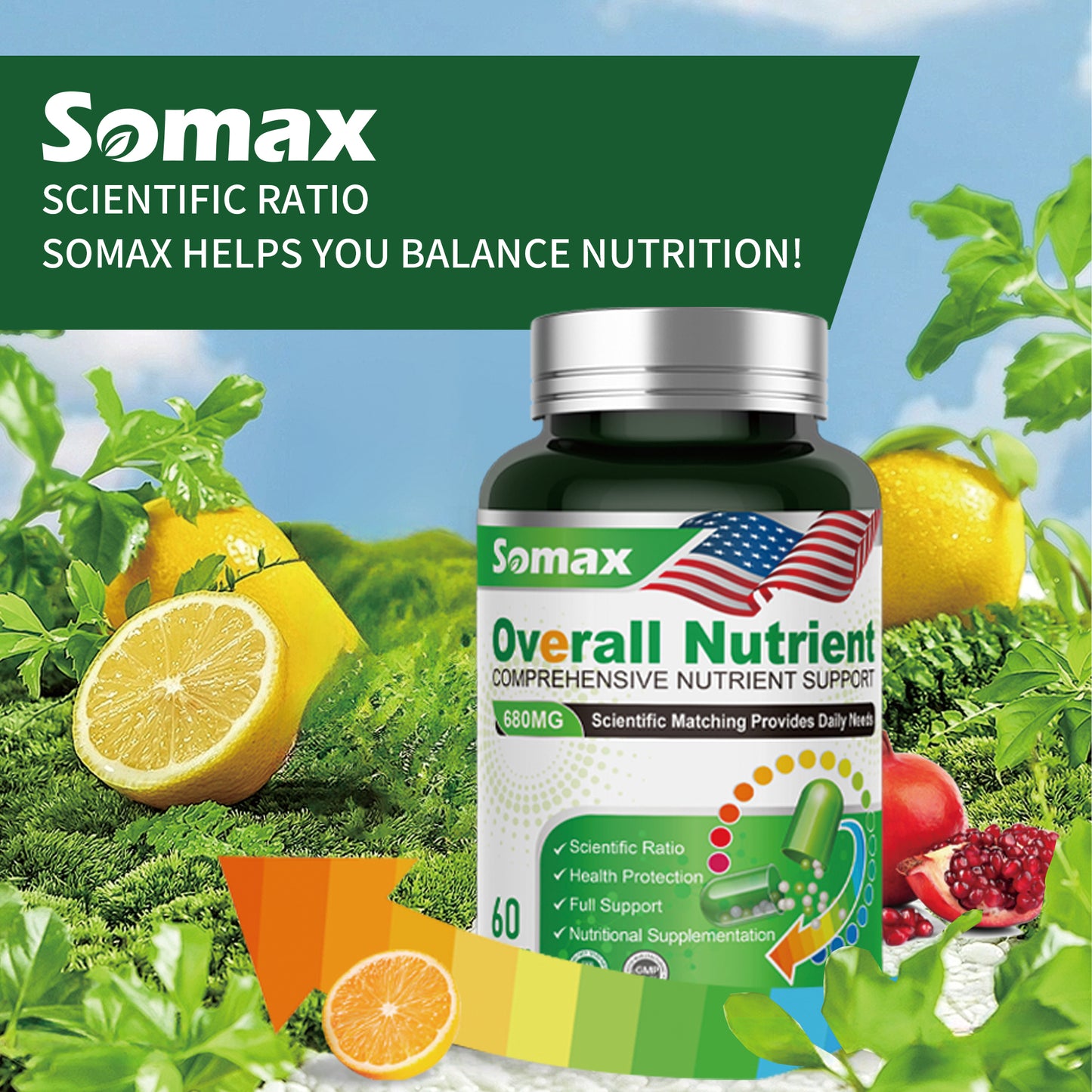 Somax Overall Nutrient Comprehensive Support 680mg bottle with 60 capsules, featuring Vitamins A, C, D, E, Iron, and Selenium for daily health, gluten-free and non-GMO.