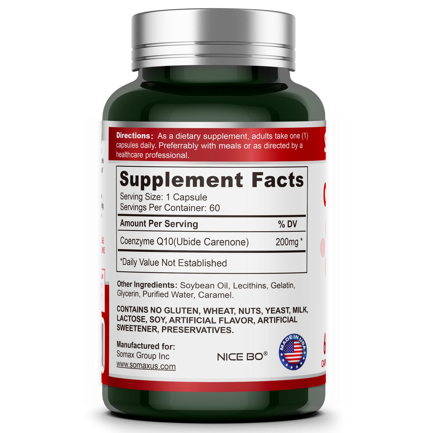 "Somax CoQ10 Supplement Bottle with Enhanced Absorption, Supports Heart Health and Energy, 60 Capsules