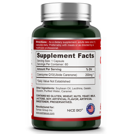 "Somax CoQ10 Supplement Bottle with Enhanced Absorption, Supports Heart Health and Energy, 60 Capsules