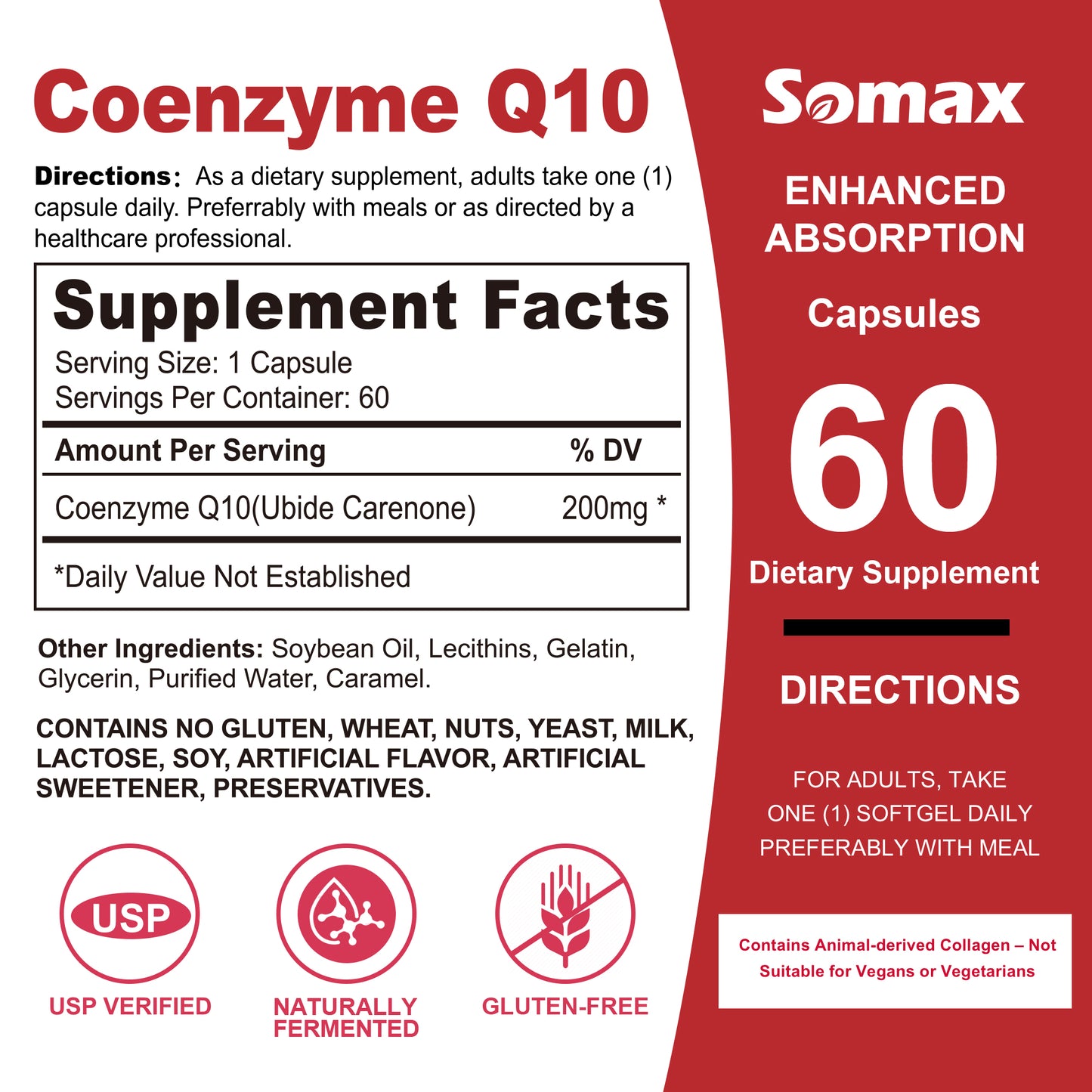 Somax CoQ10 Supplement Bottle with Enhanced Absorption, Supports Heart Health and Energy, 60 Capsules