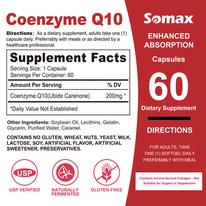 Somax CoQ10 Supplement Bottle with Enhanced Absorption, Supports Heart Health and Energy, 60 Capsules