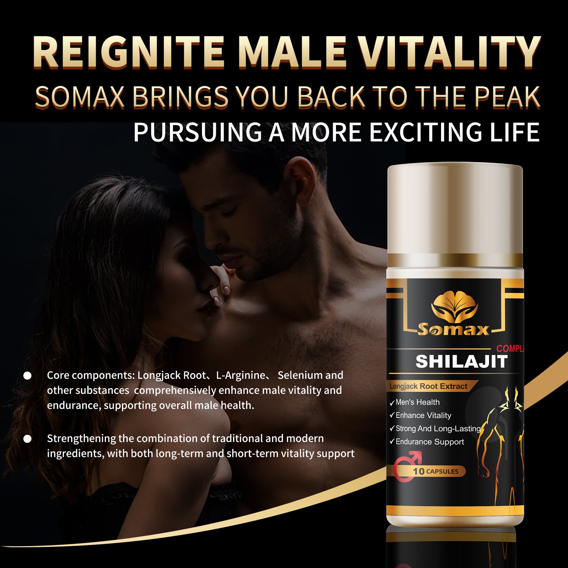 Somax Shilajit with Longjack Root Extract bottle, 10 capsules, featuring Himalayan Ganoderma Lucidum, L-Arginine, and Fenugreek for men's health, vitality, and endurance, gluten-free.