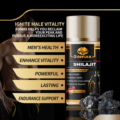Somax Shilajit with Longjack Root Extract bottle, 10 capsules, featuring Himalayan Ganoderma Lucidum, L-Arginine, and Fenugreek for men's health, vitality, and endurance, gluten-free.