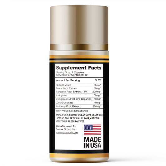 Somax Shilajit with Longjack Root Extract bottle, 10 capsules, featuring Himalayan Ganoderma Lucidum, L-Arginine, and Fenugreek for men's health, vitality, and endurance, gluten-free.