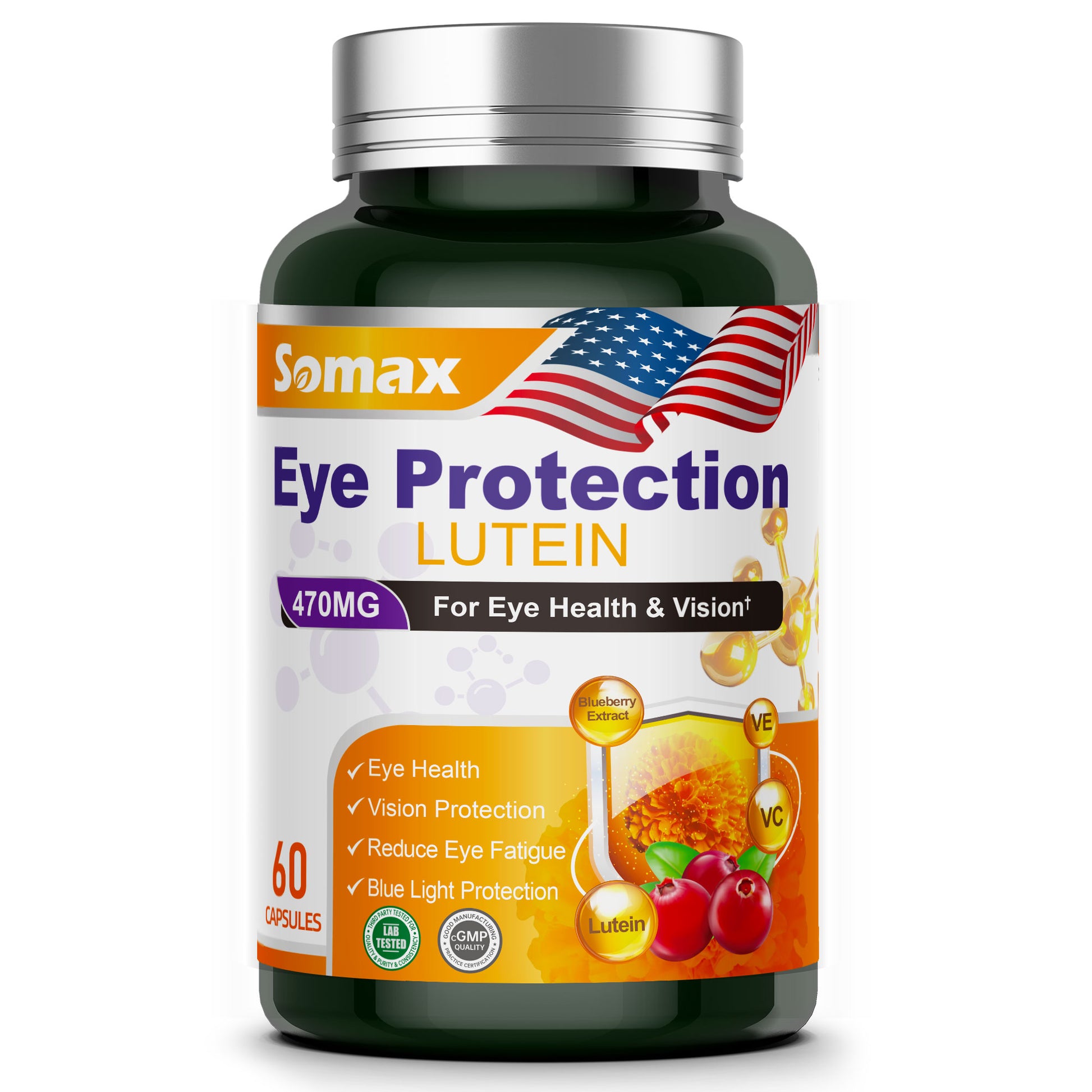Somax Eye Protection Lutein 470mg bottle with 60 capsules, featuring Lutein, Blueberry Extract, and Vitamin C for eye health, vision support, and blue light protection, gluten-free and non-GMO.