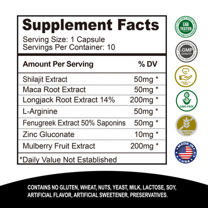 Somax Shilajit with Longjack Root Extract bottle, 10 capsules, featuring Himalayan Ganoderma Lucidum, L-Arginine, and Fenugreek for men's health, vitality, and endurance, gluten-free.