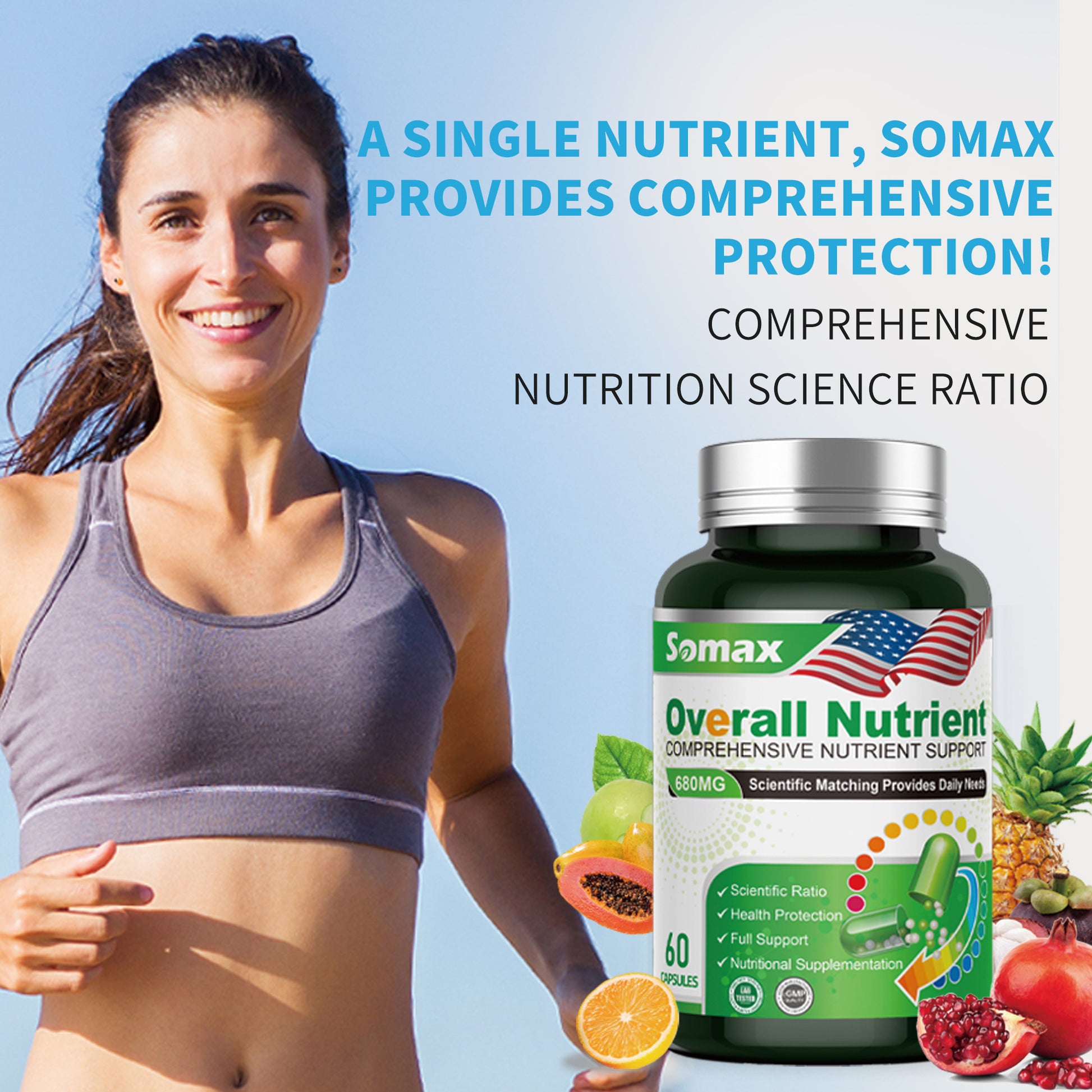 Somax Overall Nutrient Comprehensive Support 680mg bottle with 60 capsules, featuring Vitamins A, C, D, E, Iron, and Selenium for daily health, gluten-free and non-GMO.