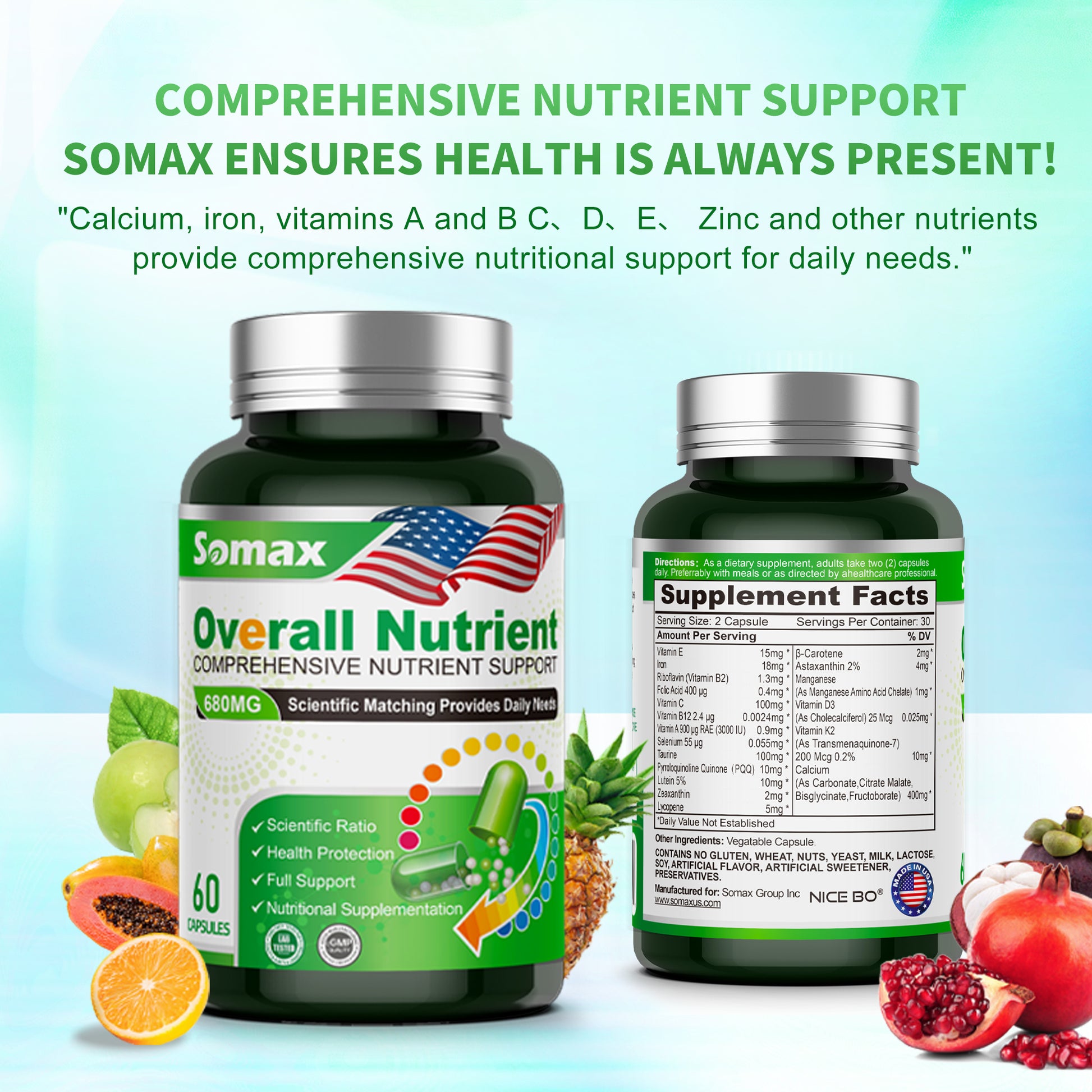 Somax Overall Nutrient Comprehensive Support 680mg bottle with 60 capsules, featuring Vitamins A, C, D, E, Iron, and Selenium for daily health, gluten-free and non-GMO.