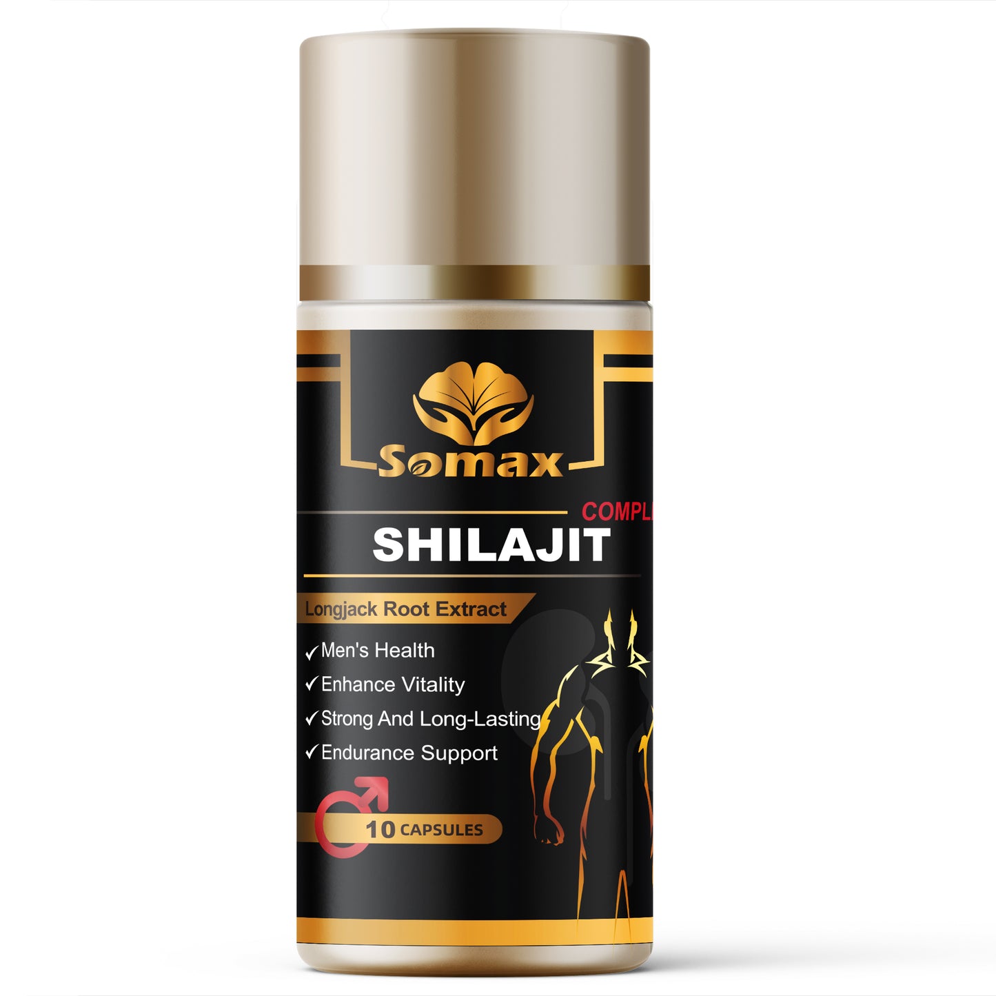 Somax Shilajit with Longjack Root Extract bottle, 10 capsules, featuring Himalayan Ganoderma