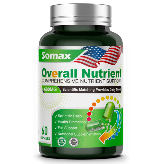 Somax Overall Nutrient Comprehensive Support 680mg bottle with 60 capsules, featuring Vitamins A, C, D, E, Iron, and Selenium for daily health, gluten-free and non-GMO.